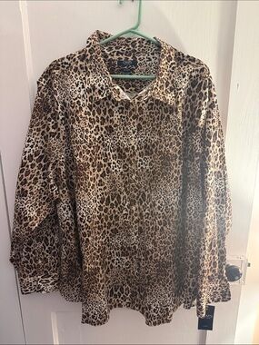 Chaps Leopard Print Collared Button-Up Blouse - Black/Brown/Tan